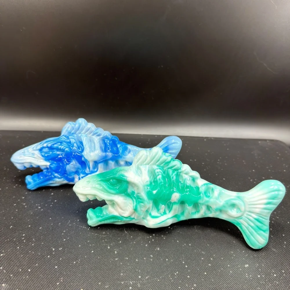 Hand Crafted Resin Fish Skeleton Figurines Blue Green Marbled Art Decor Set of 2